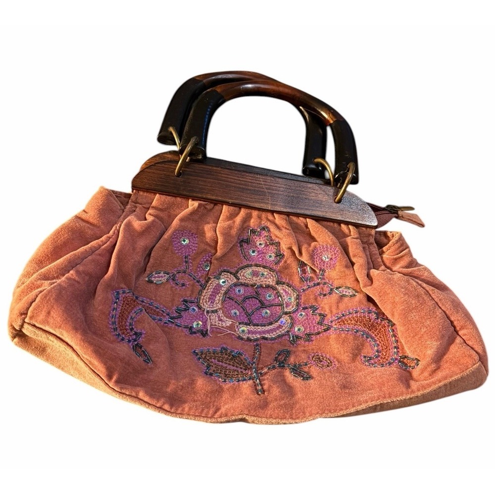 Y2K Avon Mauve Pink Velvet Beaded Handbag Wood Handles Embroidered